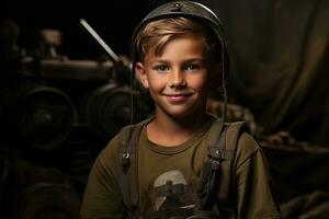 portret van een schattig weinig jongen in leger uniform Aan donker achtergrond ai gegenereerd foto