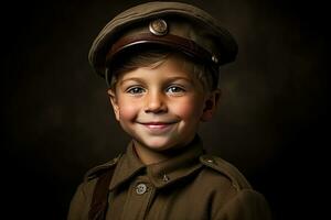 portret van een schattig weinig jongen in leger uniform Aan donker achtergrond ai gegenereerd foto