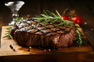 gegrild entrecote steak Aan top van houten tafel foto