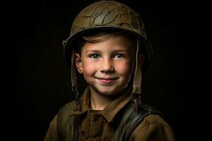 portret van een schattig weinig jongen in leger uniform Aan donker achtergrond ai gegenereerd foto