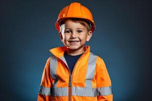 portret van een schattig weinig jongen in een bouw helm ai gegenereerd foto