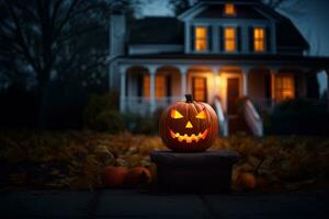 halloween pompoenen in voorkant van een huis Bij nacht, halloween achtergrond ai gegenereerd foto