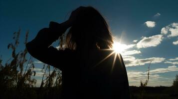 silhouet van een moe en benadrukt vrouw tegen de lucht, zon foto