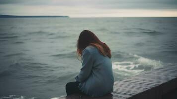 vrouw alleen en depressief Bij kust foto