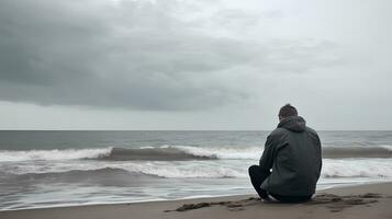 Mens alleen en depressief Bij kust foto