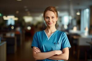 vrouw verpleegster glimlachen in een ziekenhuis, belichamen de toewijding en gezondheidszorg professionals ai generatief foto