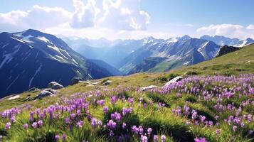 top van een alpine berg sereen, onschuldig, rustig, bloeiende ai generatief foto