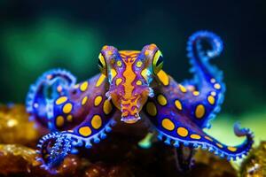 blauw geringd Octopus zwemmen, onderwater- fotografie ai generatief foto