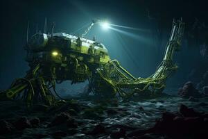 ruimteschip in de diep zee. 3d geven illustratie. enorm diep zee mijnbouw operatie, robot arm sleept de zeebedding met een robot harpoen, ai gegenereerd foto