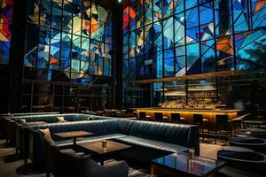 interieur van een restaurant met kleurrijk gebrandschilderd glas ramen en tafels. nacht club in de hart van de stad, met pluche leer zitplaatsen, stoutmoedig verlichting, ai gegenereerd foto