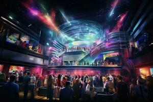 in las vegas. de moeilijk rots hotel, casino is een van de grootste luxe hotels in de wereld, sereen nacht club, met een pluche balzaal gevulde met Patronen dansen naar de muziek, ai gegenereerd foto