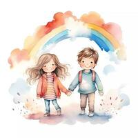 reeks van gelukkig kinderen spelen samen onder regenboog. gelukkig kinderen dag. vriendschap thema. waterverf stijl foto