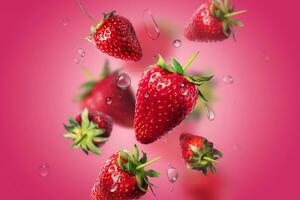samenstelling van aardbeien met water druppels in de lucht. voedsel levitatie. concept foto