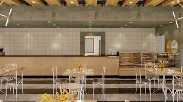 interieur van restaurant, bakkerij en koffie winkel in industrieel bouwkundig stijl. 3d renderen foto