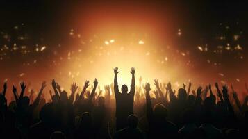 mensen hand- omhoog in de concert hal muziek- evenement generatief ai foto