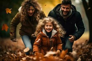 familie spelen in gedaald bladeren foto