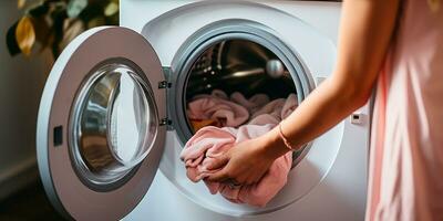 wassen handen zetten wasserij in het wassen machine generatief ai foto