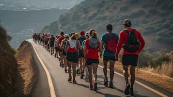 mensen zijn verloofd in actief levensstijl rennen marathon generatief ai foto