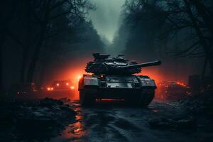 modern leger tank in oorlog zone gedurende mistig het weer. ai generatief foto