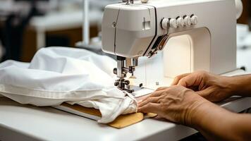 handen naaien wit kleding stof Aan een naaien machine generatief ai foto