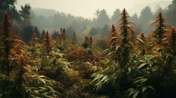 bloeiend marihuana planten herfst plantage, bloeiend hennep generatief ai foto