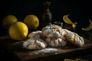 citroen kreukel koekjes, gepoederd koekjes Aan de tafel, ontbijt koekjes, stack van koekjes, citroen koekjes, bakken, citroen nagerecht, Amerikaans koekjes. ai generatief foto