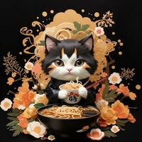 kat aan het eten Japans ramen soep kawaii grafiek foto