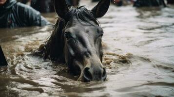 paard verdrinking in water, overstroming redden generatief ai foto