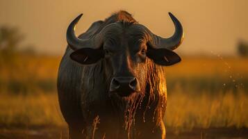 buffel Aan de achtergrond van de Afrikaanse savanne, heet dag, dieren van Afrika. ai generatief foto