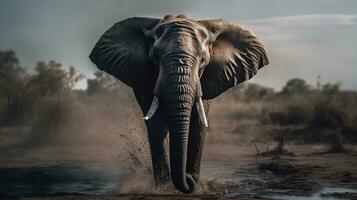 olifant Aan de achtergrond van de Afrikaanse savanne, heet dag, dieren van Afrika. ai generatief foto