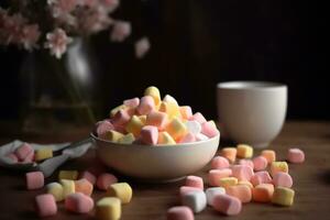 een kom van marshmallows is Aan de tafel De volgende naar de bloemen. pastel kleuren. ai generatief foto