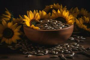 biologisch zonnebloem zaden en bloemen Aan houten tafel.ai generatief foto