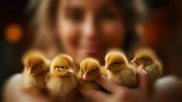 geel kuikens in vrouw handen klein vogelstand generatief ai foto