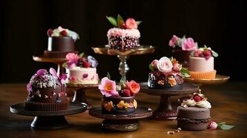 miniatuur chocola taarten, versierd met eetbaar bloemen. generatief ai foto