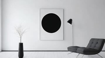 minimalistisch leven kamer interieur met wit muren, beton vloer, zwart sofa en ronde koffie tafel. 3d renderen bespotten omhoog ai generatief foto