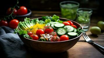 kleurrijk salade kom gevulde met vers bladerrijk groenen, sappig kers tomaten, knapperig komkommers, en geassorteerd groenten, ai gegenereerd foto