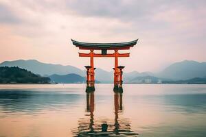de beroemd drijvend torii poort in Japan. ai gegenereerd foto