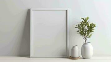 blanco wit afbeelding met gemakkelijk kader resting Aan modern tafel, ai gegenereerd foto