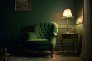 groen fauteuil in een comfortabel leven kamer met een donker groen accent muur, ai gegenereerd foto