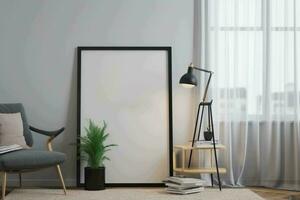 blanco afbeelding kader mockup in modern leven kamer met minimalistisch decor, ai gegenereerd foto