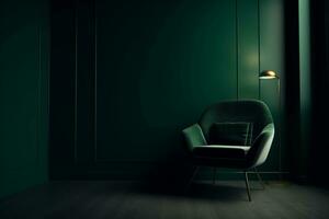leeg donker groen muur achtergrond met een comfortabel groen fauteuil in leven kamer, ai gegenereerd foto