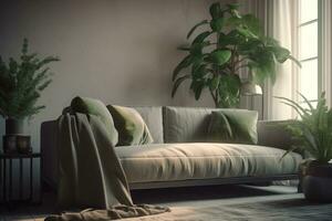 modern leven kamer interieur met sofa en ingemaakt plant, ai gegenereerd foto