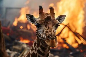 giraffe dier op de vlucht brand Woud branden generatief ai foto