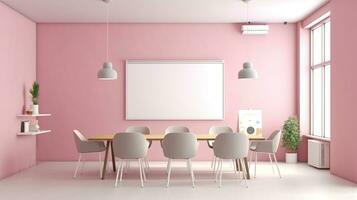 een mockup voor een single kader TV wit scherm, zacht roze muur kantoor vergadering kamer generatief ai foto