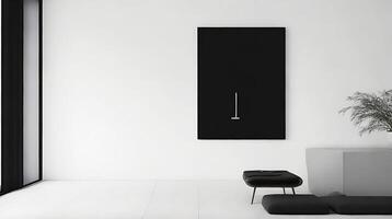 minimalistisch leven kamer interieur met wit muren, beton vloer, zwart sofa en ronde koffie tafel. 3d renderen bespotten omhoog ai generatief foto