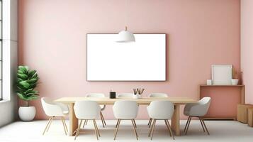 een mockup voor een single kader TV wit scherm, zacht roze muur, kantoor vergadering kamer. generatief ai foto
