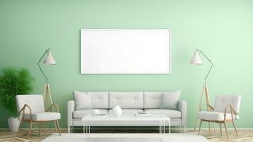 een mockup voor een single kader TV wit scherm, zacht groen muur, kantoor vergadering kamer. generatief ai foto