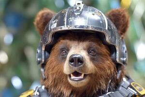 beer astronaut in ruimtepak. portret van een beer in een helm van een vliegtuig piloot. ai generatief foto