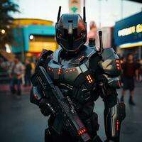 cyborg in futuristische ruimte pak. cyber krijger met een machine geweer Aan een donker achtergrond.ai generatief foto