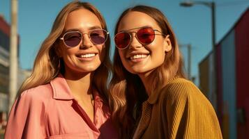 twee Dames glimlachen en vervelend zonnebril buitenshuis met ai gegenereerd foto